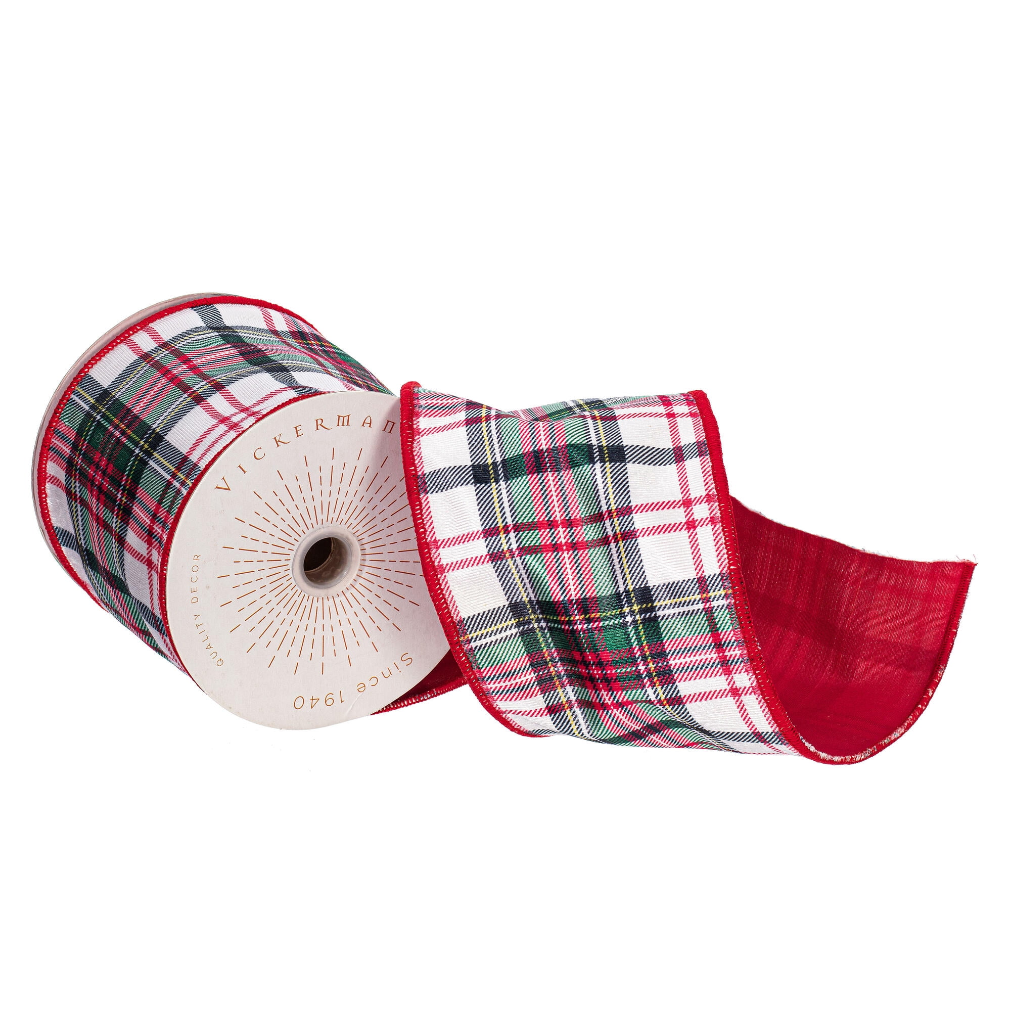 Vickerman 4" x 10 Yards White/Red/Green Plaid Wired Edge Christmas Ribbon.