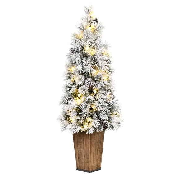 Vickerman 4' x 20" Flocked Kimball Potted Pine Artificial Christmas Tree, Warm White Dura-lit LED Lights