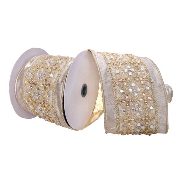 Vickerman 4" x 5 Yards Champagne-Silver-Gold Jeweled Wired Edge Christmas Ribbon.
