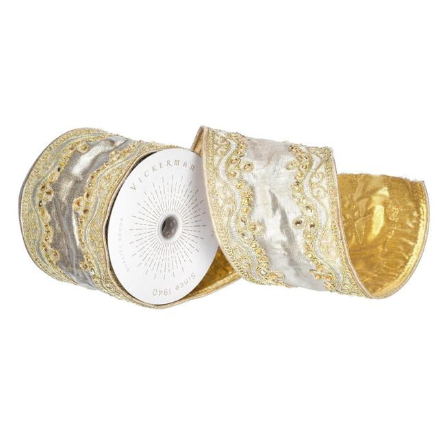 Vickerman Q222537 4 in. x 5 yards Gold Embroidery Two Sided Wired Edge Christmas Ribbon, Champagne
