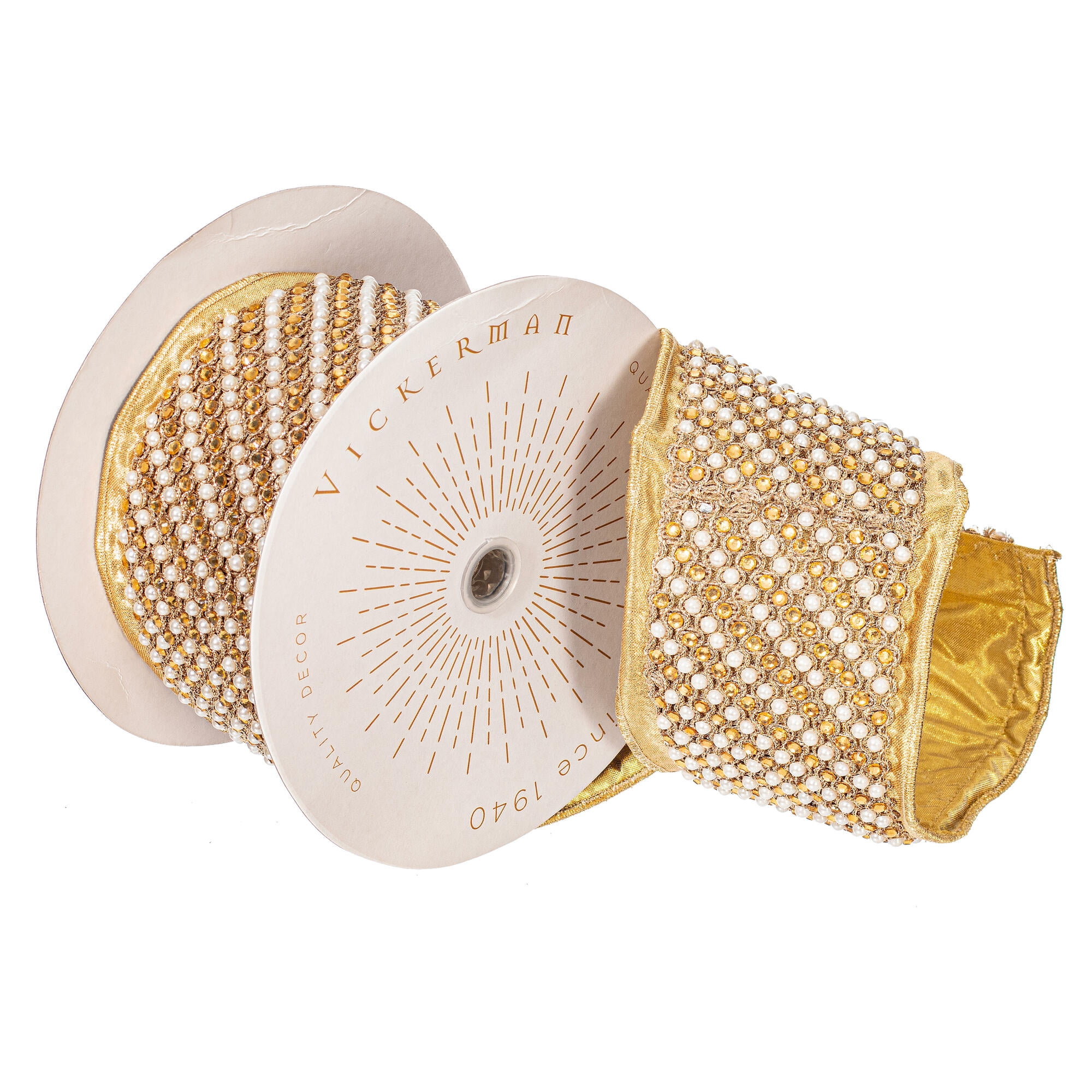 Vickerman 4" x 5 Yards Gold Jewel Pearls Wired Edge Christmas Ribbon.