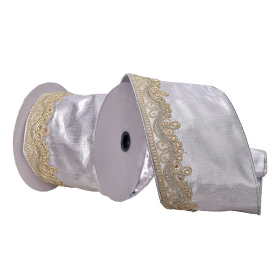Vickerman 4" x 5 yards Silver with Gold Embroidery One-Side Wired Edge Ribbon