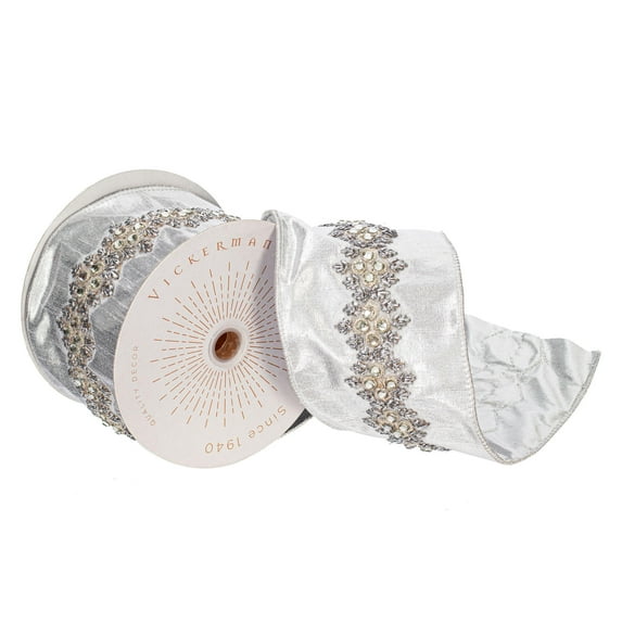 Vickerman 4" x 5 Yards Silver with Jewels Wired Edge Christmas Ribbon.