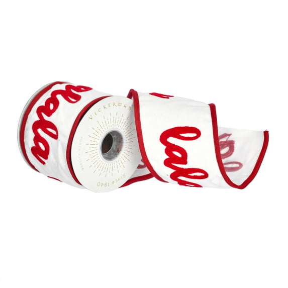Vickerman 4" x 5 Yards White Falala Chain Stitch Embr Tissue Back Canvas Ribbon.