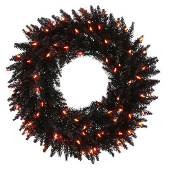 Vickerman 48" Black Wreath Featuring 150 Orange Dura-Lit LED lights.