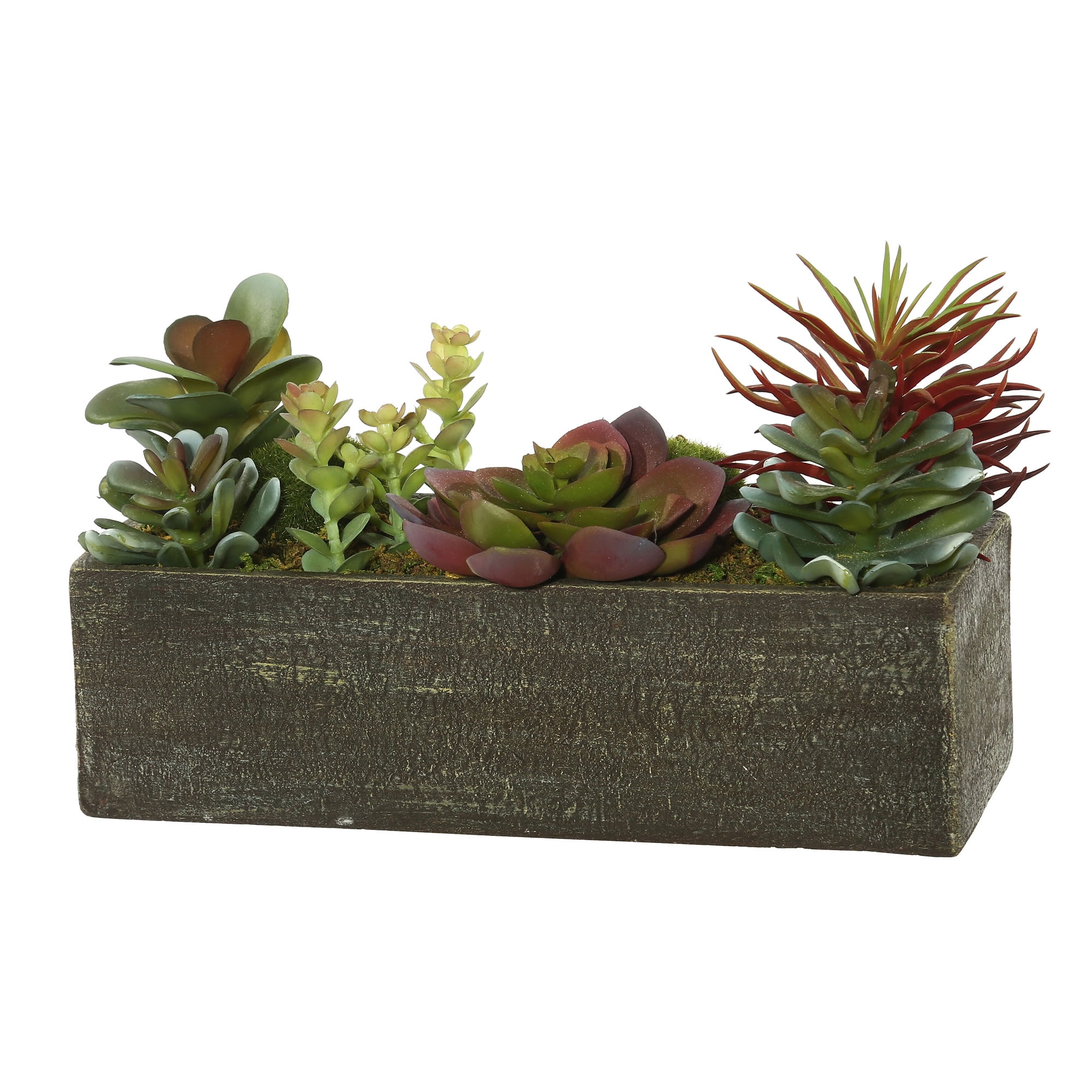 10" Green Silk and Plastic Succulent Arrangement in Brown Wooden Container