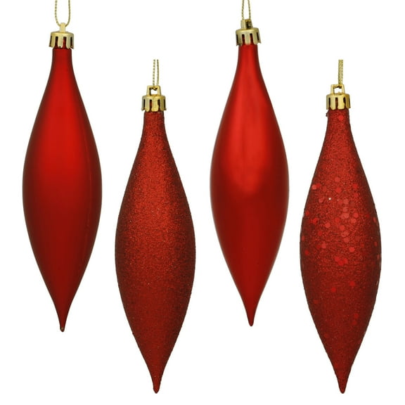 Vickerman 5.5" Red Finial Drop Christmas Ornament, Assorted 4 Finish, 8 per Pack