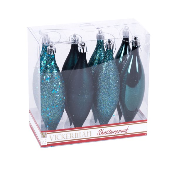 Vickerman 5.5" Sea Blue Finial Drop Christmas Ornament, Assorted 4 Finish, 8 per Pack