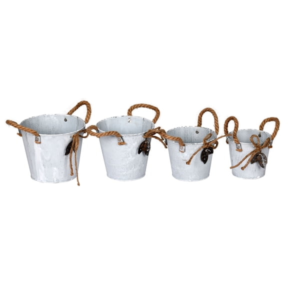 Vickerman 5-8" Tin Containers Natural Rope Handles and accents 4/pk. These baskets are made of tin and feature natural rope handles and natural rope accent bows. This set includes 4 baskets which mea