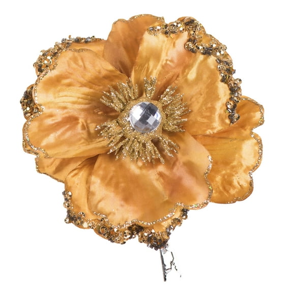 Vickerman 5" Artificial Gold Polyester Wild Poppy Head with Sequin, Glitter and Clip, pack of 3