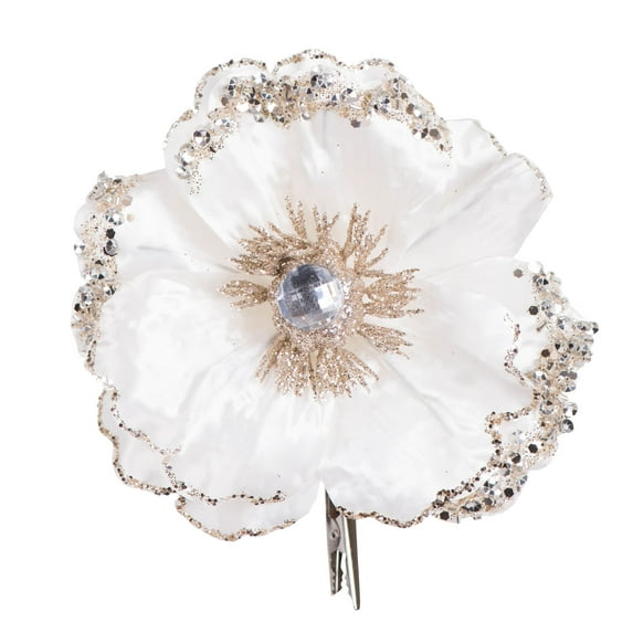 Vickerman 5" Artificial Ivory Polyester Wild Poppy Head with Sequin, Glitter and Clip, pack of 3