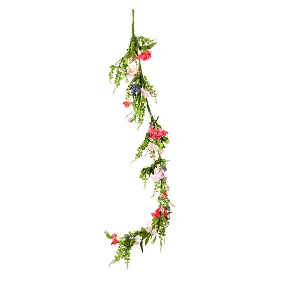 Vickerman 5' Artificial Mixed Floral Garland That Features Pink And White Flowers. The Floral Garland Has A Base Of Mixed Greenery Leaves.