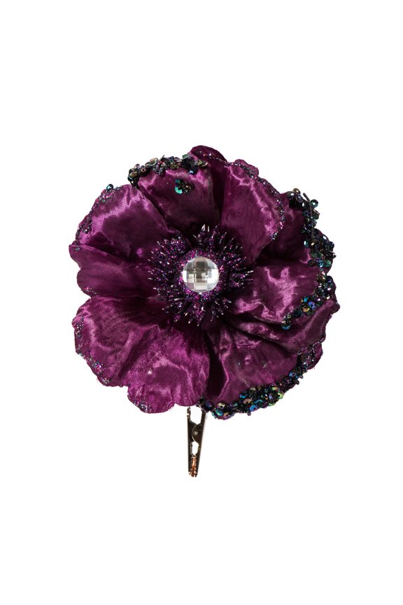 5" Artificial Plum Polyester Wild Poppy Head with Sequin, Glitter and Clip, pack of 3