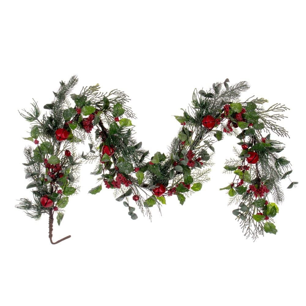 5' Green and Red Artificial Pine Garland with Snow and Bells