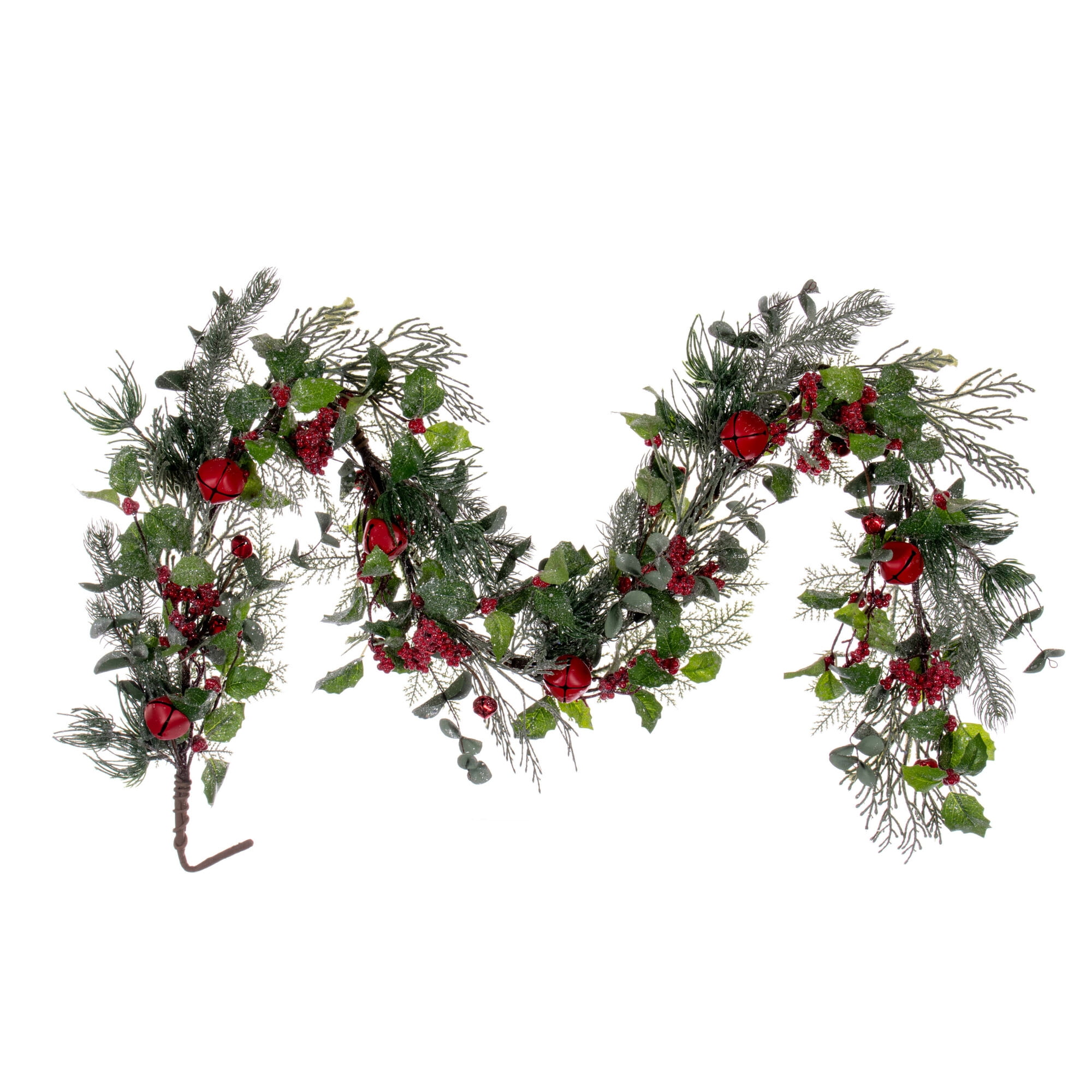 5' Green and Red Artificial Pine Garland with Snow and Bells