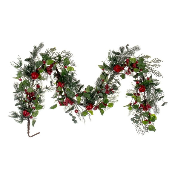 Vickerman 5' Green Artificial Holly Pine and Red Jingle Bell Garland.