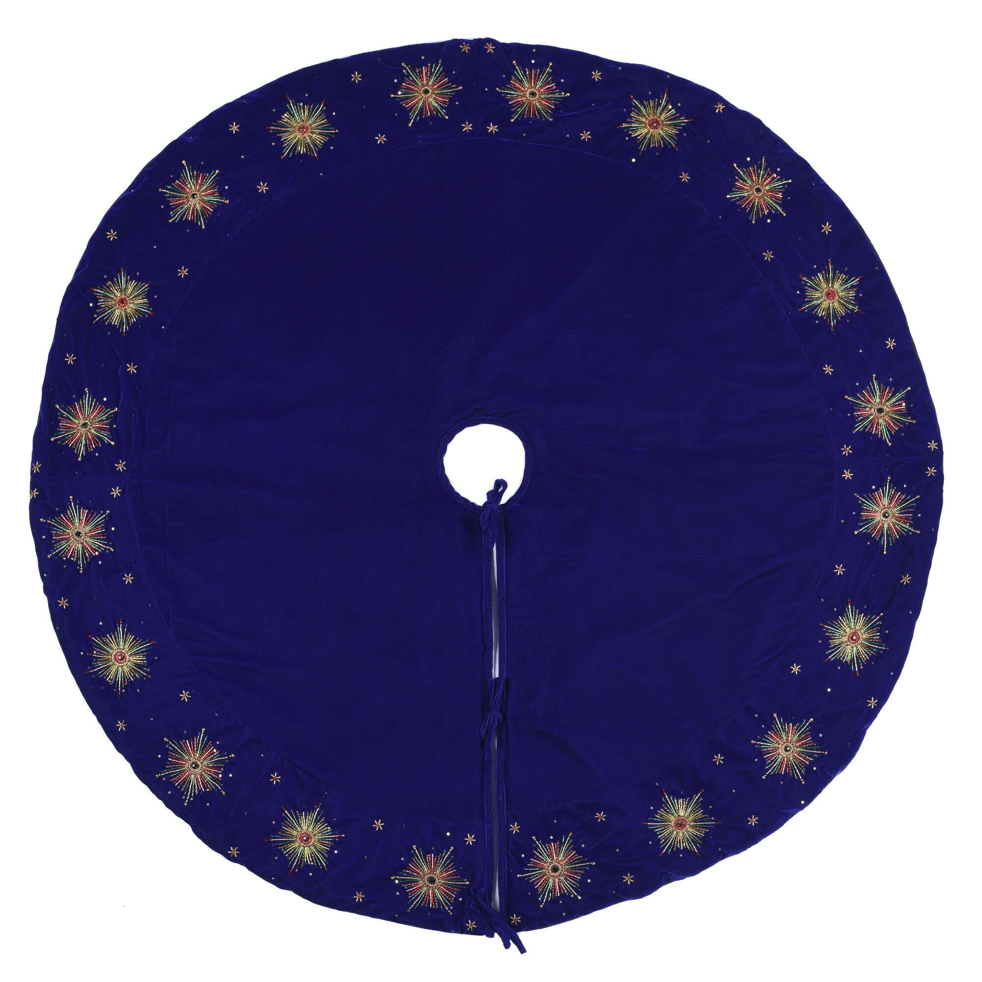 Royal Blue Velvet Starburst Christmas Tree Skirt with Beaded Embellishments