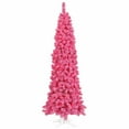 thumbnail image 1 of Vickerman 6.5' Flocked Pink Slim Fir Artificial Christmas Tree, Pink Dura-lit LED Lights, 1 of 2