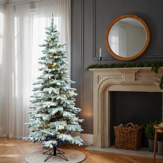 Vickerman 6.5' Flocked Utica Fir Slim Artificial Christmas Tree, Warm White Single Mold LED Lights