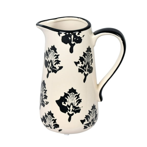 Vickerman 6.5" White/Black Leaf Print Ceramic Jar. Let this pot stand on its own or pair with a faux floral for a finished look. It measures 6.5" H x 5" W. 100% CERAMIC