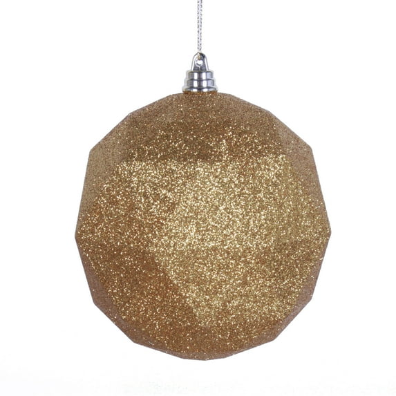 Vickerman 6" Antique Gold Geometric Ball Ornament Featuring a Glitter Finish. Comes 4 per bag