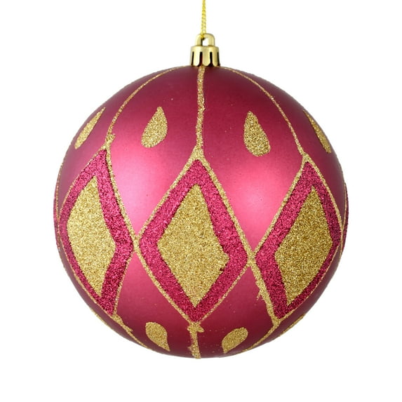 Vickerman 6" Berry Red Matte Ball with Glitter Diamond Pattern. Add variety and sparkle to your holiday arrangement with this matte ornament that features a glitter pattern. Includes 3 pieces per bag.