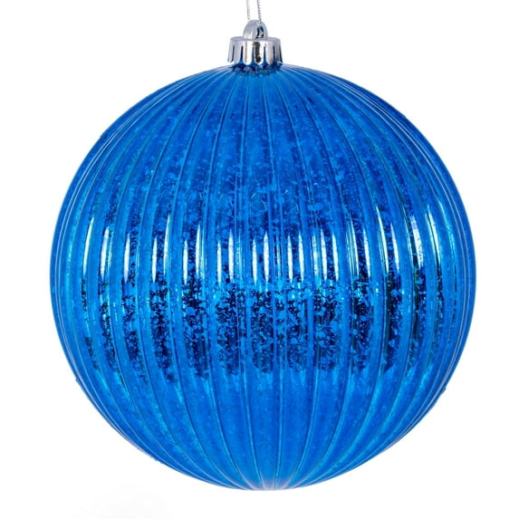 Vickerman 6" Blue Shiny Lined Mercury Ball Ornament, 4 per bag.