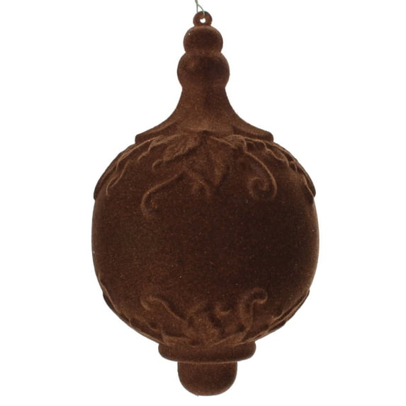 Vickerman 6" Chocolate Flocked Drop Finial Ornament 2/Bag. These ornaments feature a soft and fuzzy finish. They are the perfect addition to any holiday decorating project. Each ornament features a dr