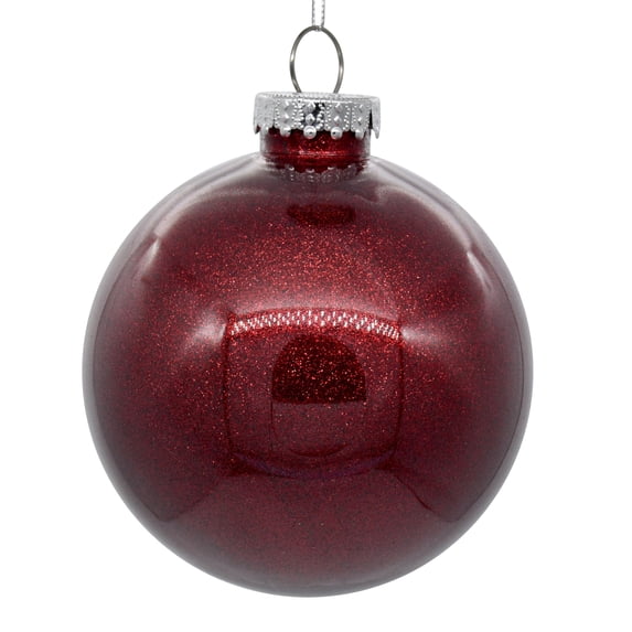 Vickerman 6" Clear Ball Christmas Ornament with Burgundy Glitter Interior, 4 Pieces per bag