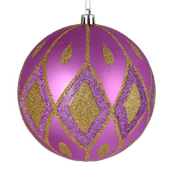 Vickerman 6" Orchid Matte Ball with Glitter Diamond Pattern. Add variety and sparkle to your holiday arrangement with this matte ornament that features a glitter pattern. Includes 3 pieces per bag. Ma
