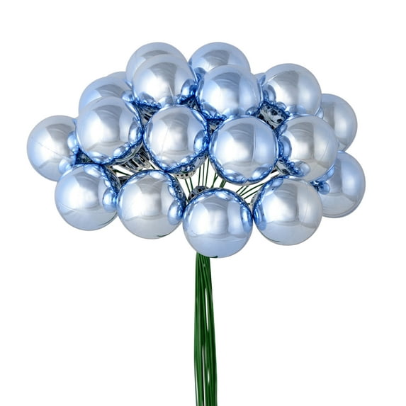 Vickerman 6" Periwinkle Shiny Ball Pick. This shiny ball pick features 24 ornaments. Each measures 1 inch and is attached to green floral wire.