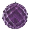 thumbnail image 1 of Vickerman 6" Plum Shiny Form Ball Drilled Wired 4/Bag. Add texture and shimmer to your holiday decorating projects with this geometric shaped ball. It features glitter accents along the edges of the g, 1 of 5