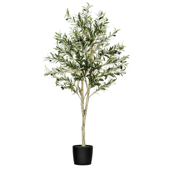 Vickerman 60" Artificial Green Olive Tree in Black Planters Pot.