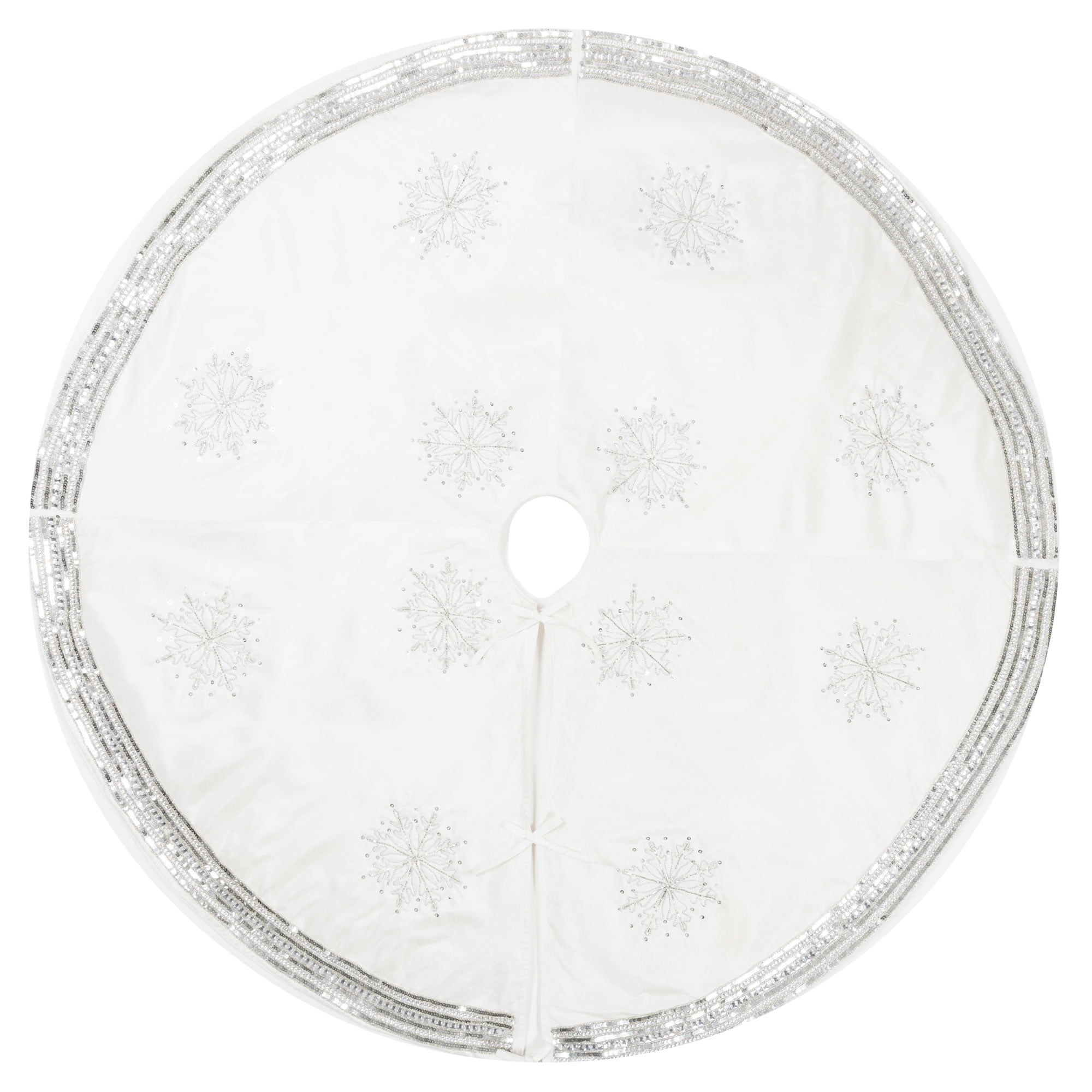 Luxurious White Polysilk Snowflake Christmas Tree Skirt with Silver Accents