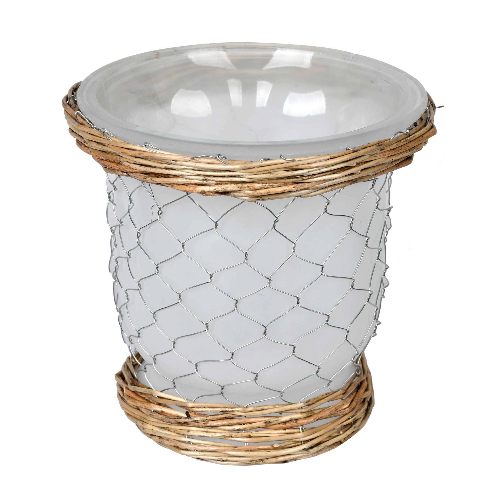Frosted Glass Vase with Silver Wire and Wicker Accents