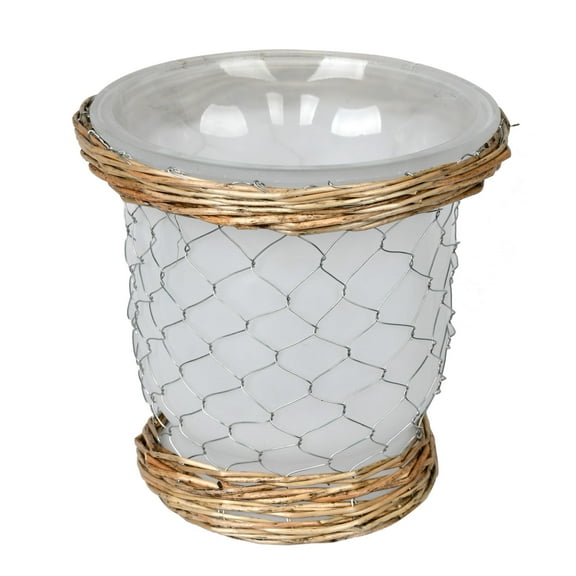 Vickerman 7.3" Frosted Glass Vase Chicken Wire Wicker. It features a frosted finish on the glass, silver chicken wire, and natural tone wicker accents on the top and bottom. It measures 7.3 inches tal