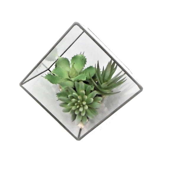 Vickerman 7.5" Artificial Green Succulents in Geometric Terrarium.