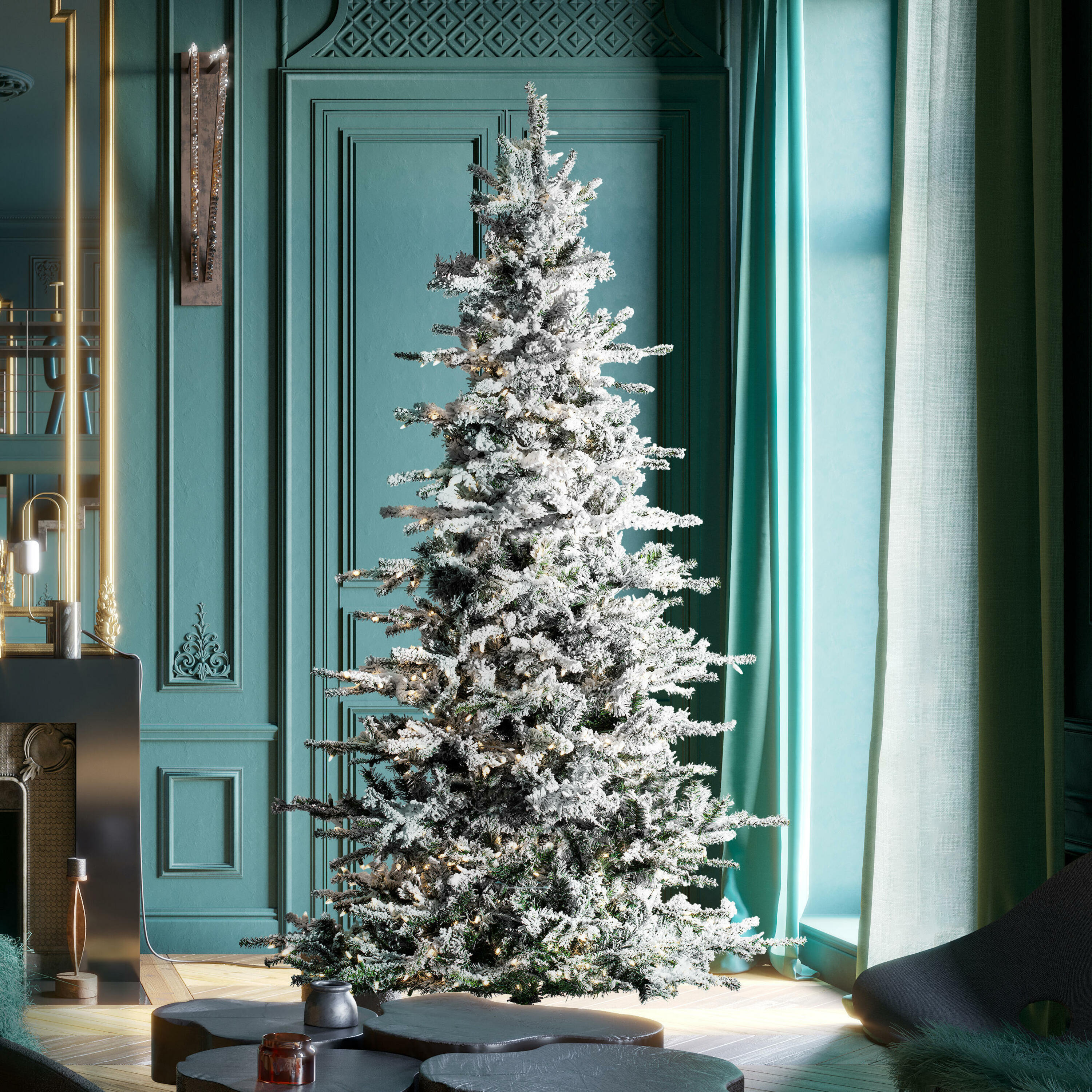 Vickerman 7.5' Flocked Sierra Fir Slim Artificial Christmas Tree, Pure White Single Mold LED lights - image 1 of 7