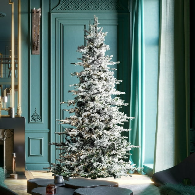Vickerman 7.5' Flocked Sierra Fir Slim Artificial Christmas Tree, Pure White Single Mold LED lights