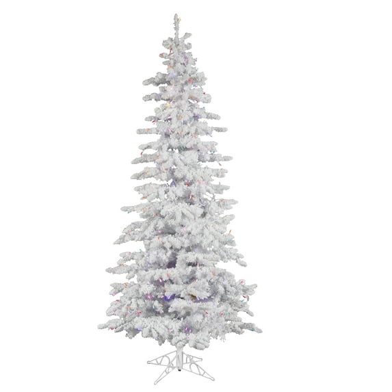 Vickerman 7.5' Flocked White Slim Artificial Christmas Tree, Multi-Colored LED Lights