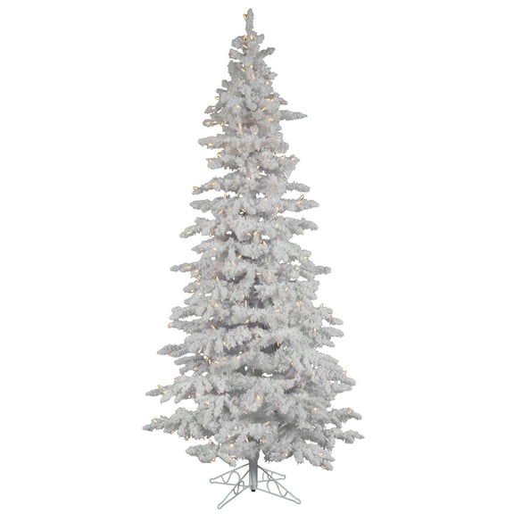 Vickerman 7.5' Flocked White Slim Artificial Christmas Tree, Warm White LED Lights