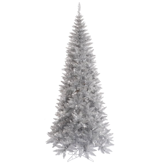 Vickerman 7.5' Silver Tinsel Fir Slim Artificial Christmas Tree, Unlit
