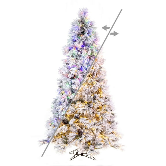 Vickerman 7.5' x 49" Flocked Atka Pine Artificial Christmas Tree, 3mm LED Color Changing Lights