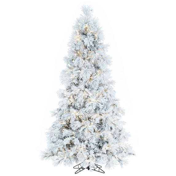 Vickerman 7.5' x 49" Flocked Atka Slim Artificial Christmas Tree, Warm White LED lights.