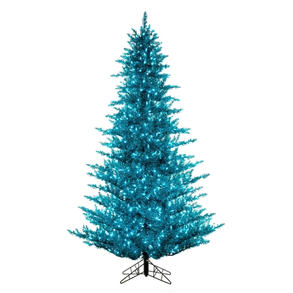 Vickerman 7.5' x 52" Aqua Tinsel Artificial Pre-Lit Christmas Tree with Folding Metal Tree Stand