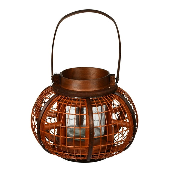 Vickerman 7.5" x 9" Iron Wire Lantern. This lantern is a combination of rustic wood and metal with glowing copper accents throughout. It is the perfect decorative piece, or pair with a candle to creat