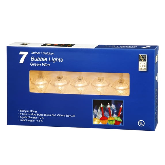 Vickerman 7 Clear Bubble Lights on Green Wire, 13' Christmas Light Strand 5 watts per bulb