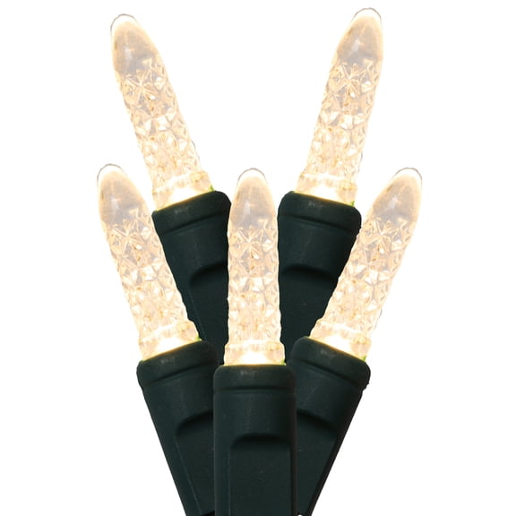 Vickerman 70 Warm White M5 Faceted LED Light on Green Wire, 4" Spacing x 24' Long Light Strand.