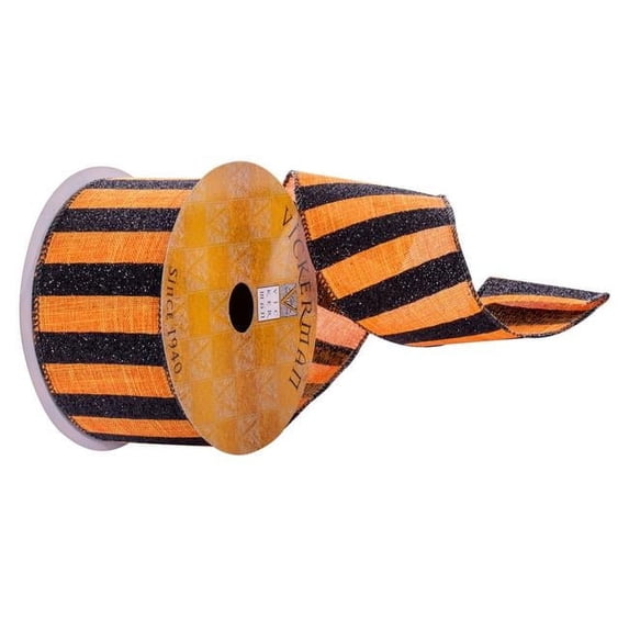 Vickerman 706701 - 2.5"x10yd Orange Black Stripe Ribbon (Q221162) (Q221162) Stripe Patterned Christmas Ribbons