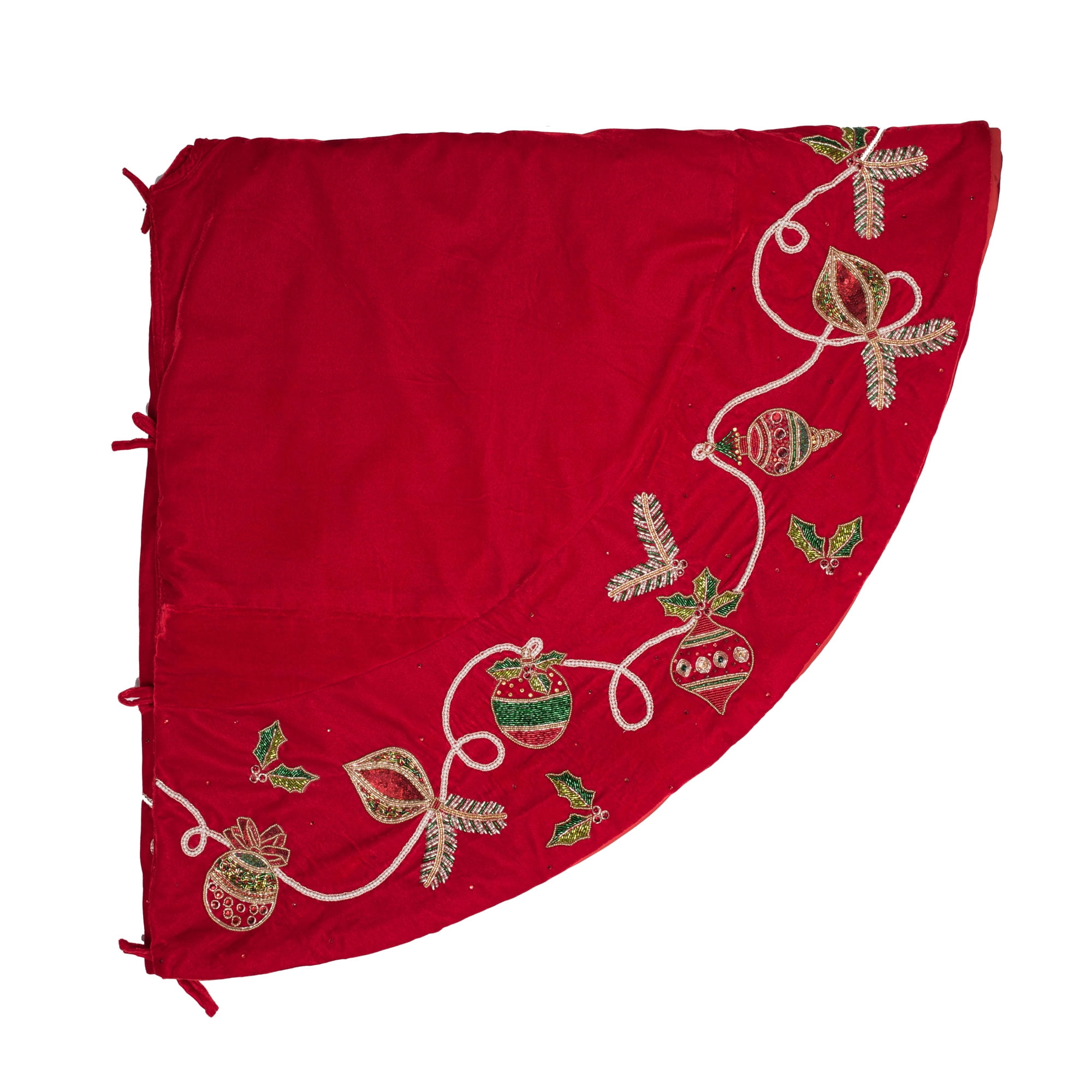 72" Red Velvet Beaded Christmas Tree Skirt with Sequins and Jewels